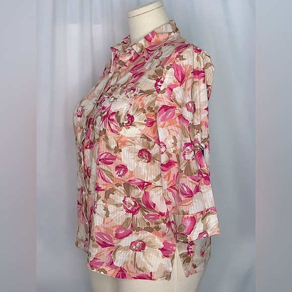 Karen Scott Pink Floral Button Down Shirt with Notched Collar(829) - Picture 5 of 14